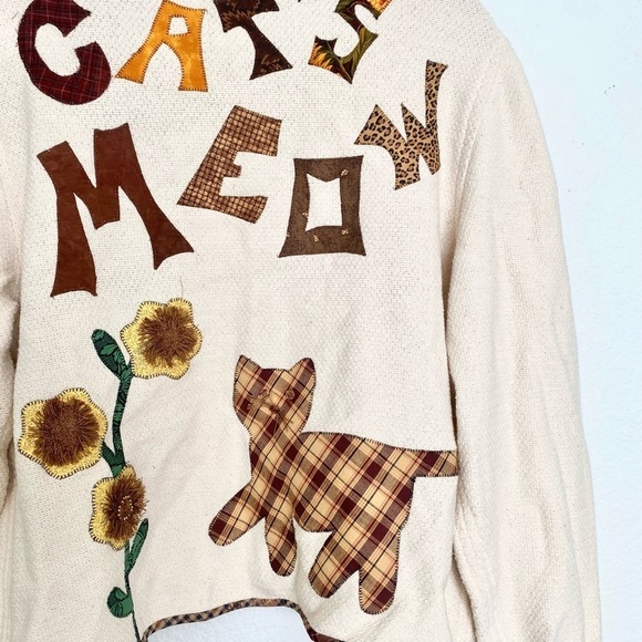 Vintage Handmade Patchwork Cats Meow Funky Cottagecore Granny Knit Jacket Kawaii - Picture 11 of 12